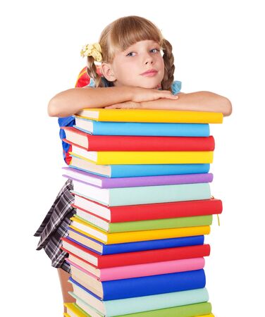 Schoolgirl with backpack holding pile of books. Isolated.の写真素材