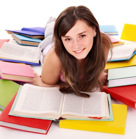 Girl reading open pile book.の写真素材
