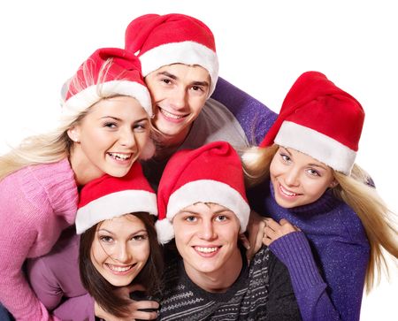 Group young people in santa hat. Isolated.の写真素材