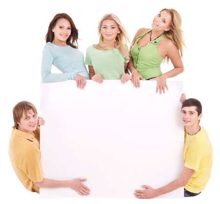 Group of happy people holding banner. Isolated.の写真素材