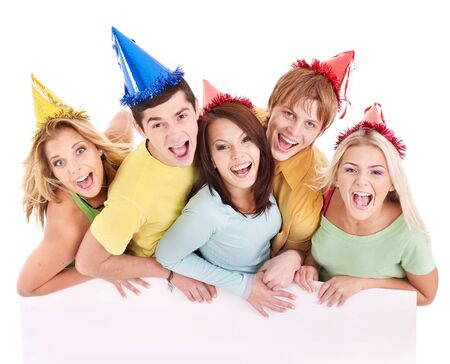 Group of happy people holding banner. Isolated.の写真素材