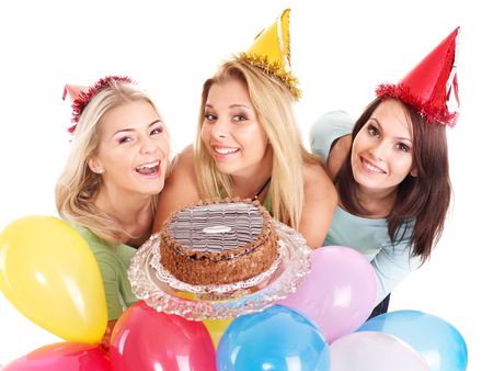 Group people holding cake. Isolated.の写真素材