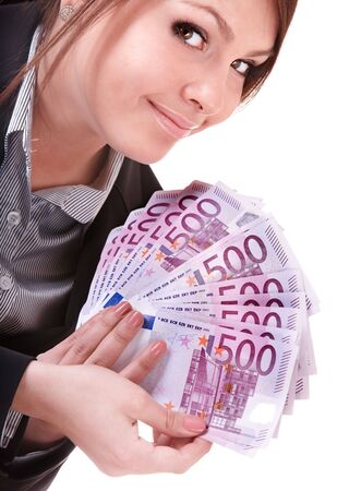 Young woman holding euro money.  Isolated.の写真素材