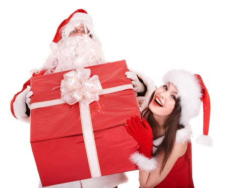 Santa claus and christmas girl with big gift box. Isolated.の写真素材