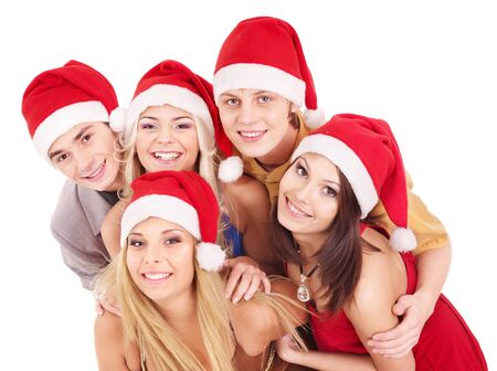 Group young people in santa hat. Isolated.の写真素材