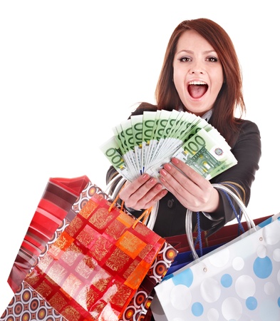 Business woman with money and shopping bag. Isolated.の写真素材