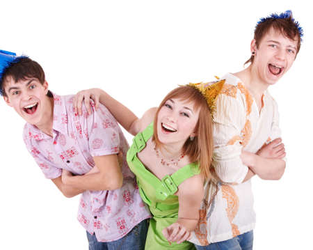 Group of teenagers celebrate birthday. Isolated.の写真素材