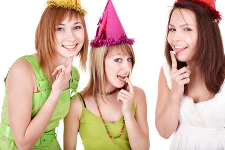 Group of teenagers celebrate birthday. Isolated.の写真素材