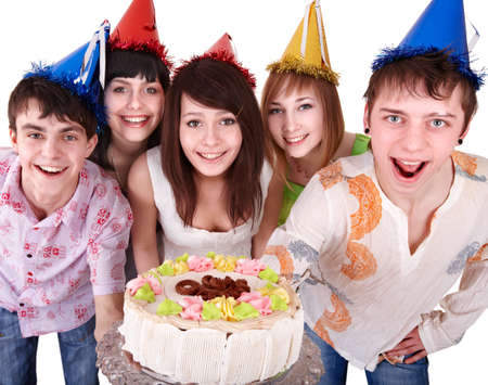 Group people in party hat eat cake. Isolated.の写真素材