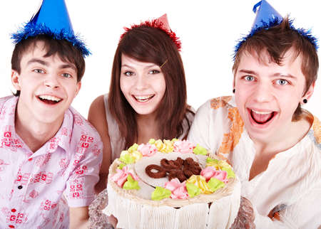 Group people in party hat eat cake. Isolated.の写真素材
