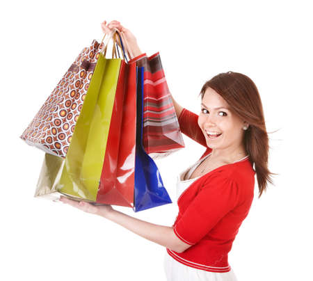 Girl holding group shopping bag. Isolatedの写真素材