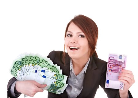 Young woman holding euro money.  Isolated.の写真素材