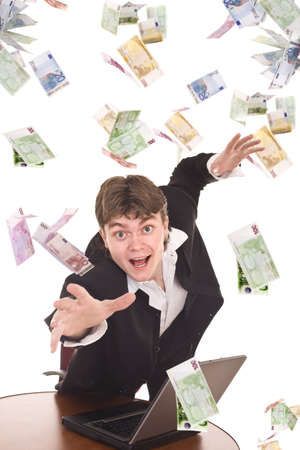  Business women with flying money. Isolated.の写真素材