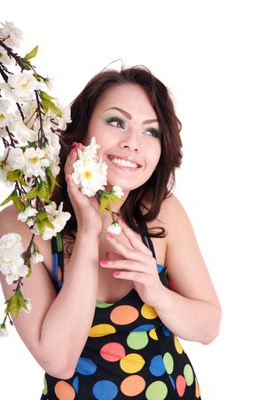 Beautiful girl with spring flower. Isolated.の写真素材