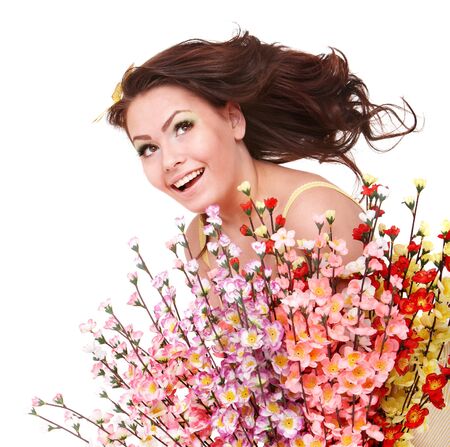  Beautiful girl with spring flower and butterfly. Isolated.の写真素材