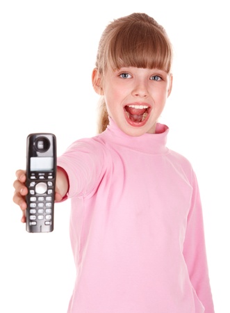 Happy girl with mobile phone. Isolated.の写真素材