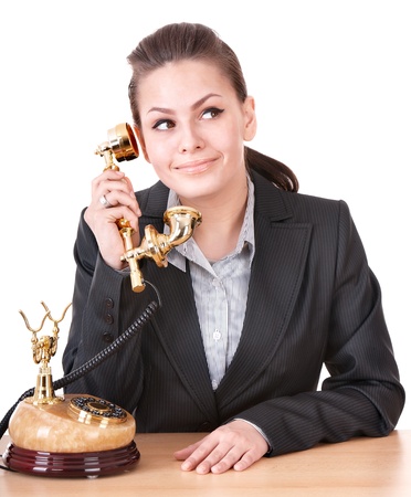 Happy businesswoman speaking phone. Isolated.の写真素材