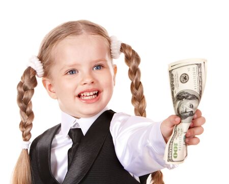 Happy child holding money dollar. Isolated.の写真素材
