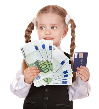 Happy child with money euro and credit card. Isolated.の写真素材