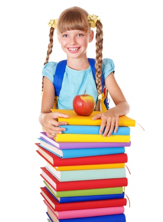 Schoolgirl with backpack holding pile of books. Isolated.の写真素材