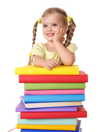 Little girl holding pile of books. Isolated.の写真素材