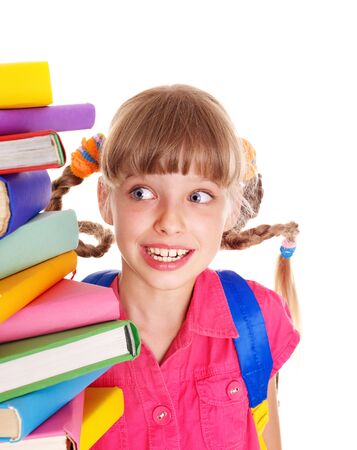 Child with pile of books. Isolated.の写真素材