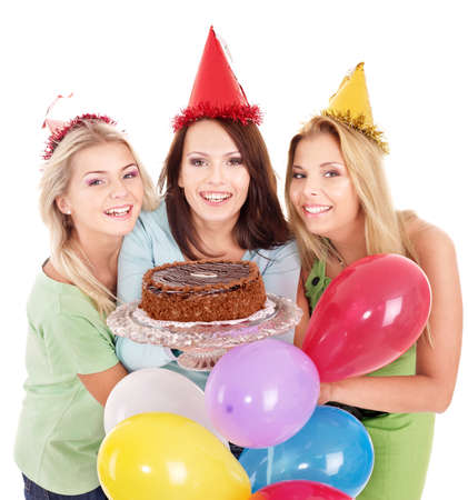 Group people in party hat holding cake. Isolated.の写真素材