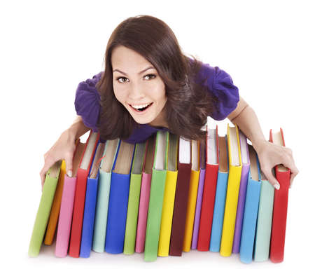 Girl with pile color book . Isolated.の写真素材