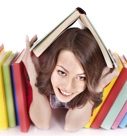 Girl with pile color book . Isolated.の写真素材