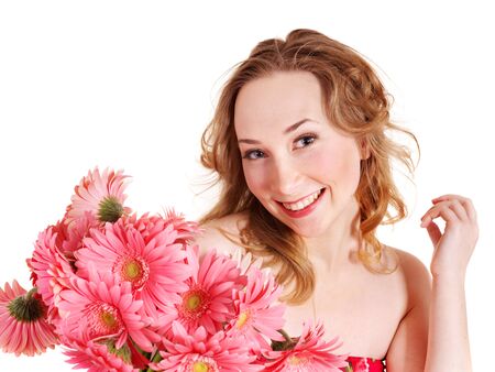 Happy young woman holding  flowers. Isolated.の写真素材