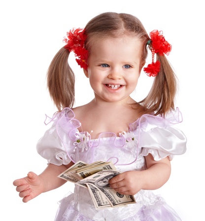 Little girl holding dollar  money.  Isolated.の写真素材