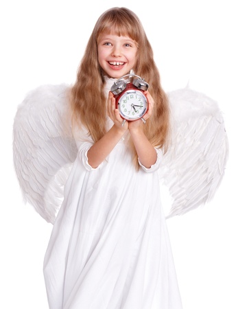 Little girl in angel costume holding book. Isolated.の写真素材