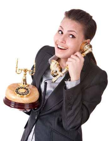 Happy businesswoman speaking phone. Isolated.の写真素材