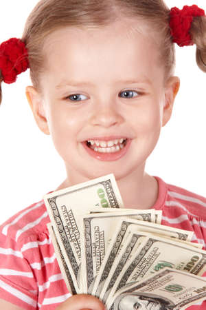 Happy little girl with money dollar. Isolated.の写真素材