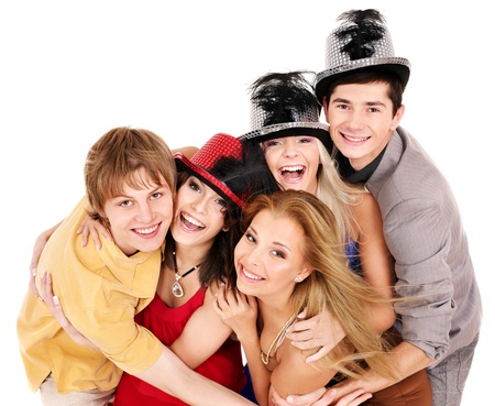 Group young people in party hat. Isolatedの写真素材