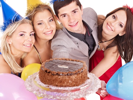 Group people holding cake. Isolated.の写真素材