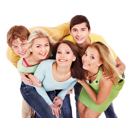 Group of people on white.Teenager girl and teenager boy.の写真素材