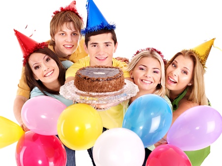 Group people holding cake. Isolated.の写真素材