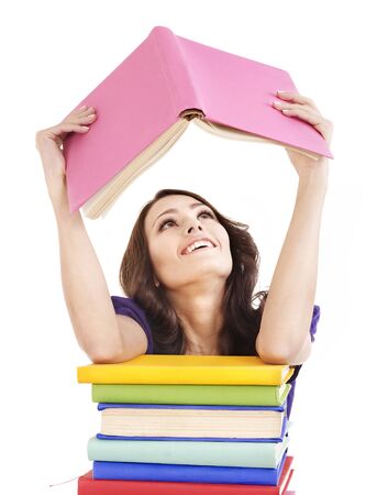 Girl with stack color book . Isolated.の写真素材
