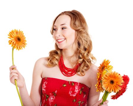 Happy young woman holding bunch of flowers.の写真素材