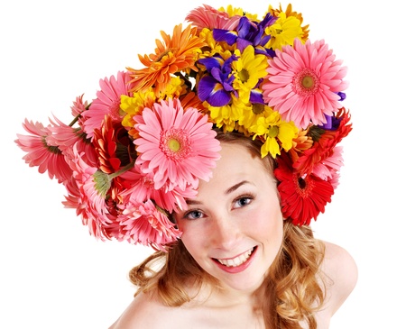 Young woman with flower wreath. Spring hairstyle.の写真素材