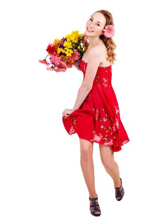 Beautiful  young woman holding  flowers.の写真素材