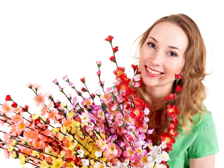  Beautiful girl with spring flower. Isolated.の写真素材