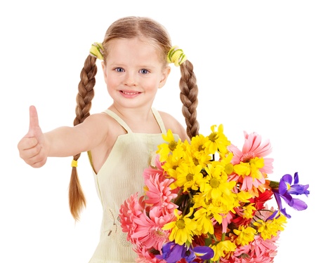 Thumb up of happy little girl.の写真素材