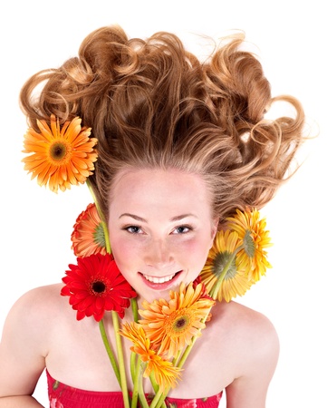 Happy young woman with tousled hair. Isolated.の写真素材