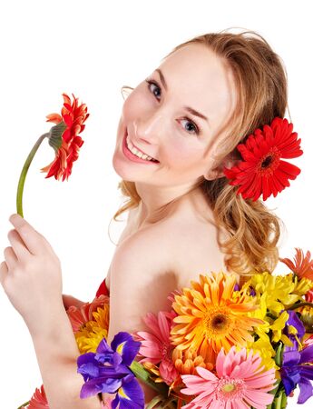 Beautiful  young woman holding  flower. Isolated.の写真素材