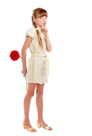 Happy little girl giving  flowers.の写真素材