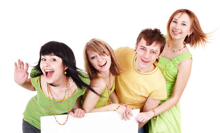 Group of people take banner.Isolated.の写真素材