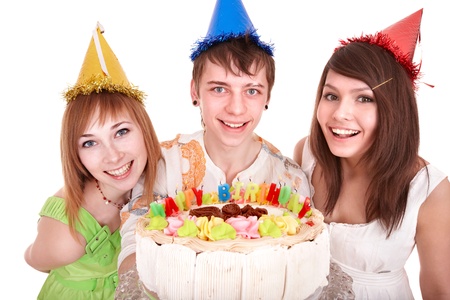 Group of happy young people with cake. Isolated.の写真素材