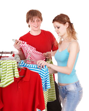 Loving couple in clothing shop. Isolated.の写真素材